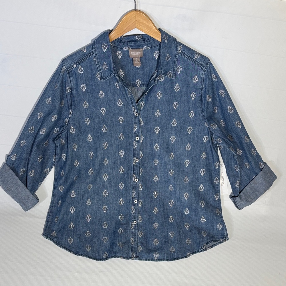 Chico's Blue Denim Shirt with Silver Pattern